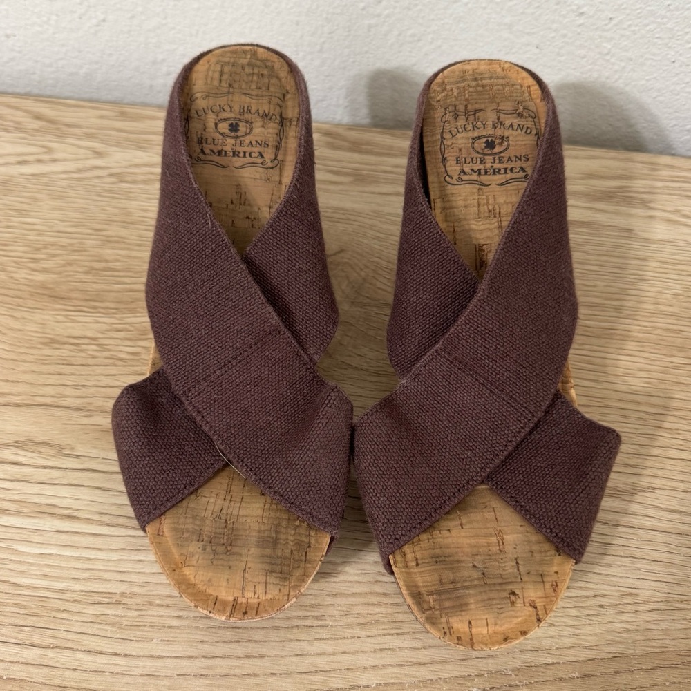 Lucky Brand Miller 2 Wedge Sandals Womens Size 7 M Brown Slip On Cork 37 EU Boho - Picture 7 of 13